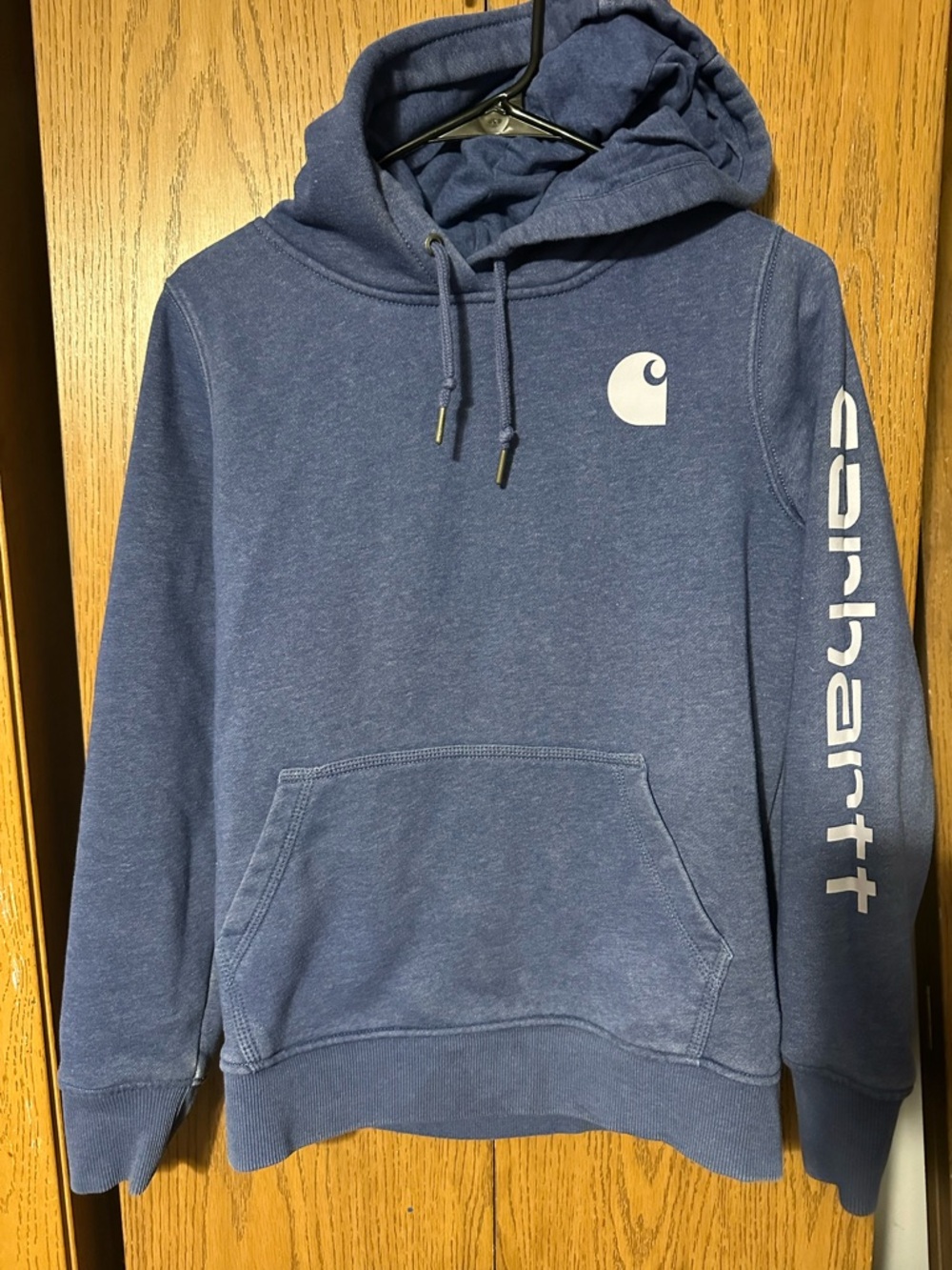 Carhartt women’s Heather Navy Pullover Hoodie with White Logo